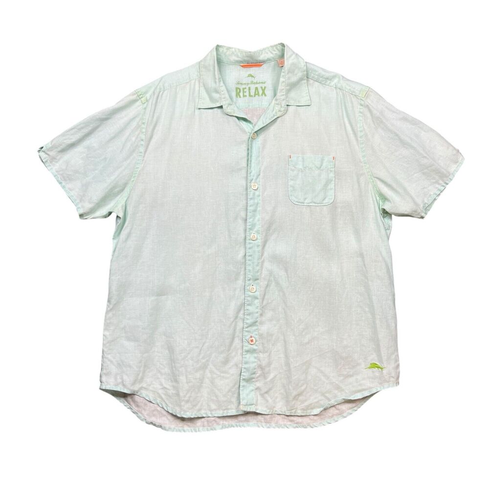 Tommy Bahama Shirt Mens XL Extra Large Mint Green Button Up Short Sleeve Camp